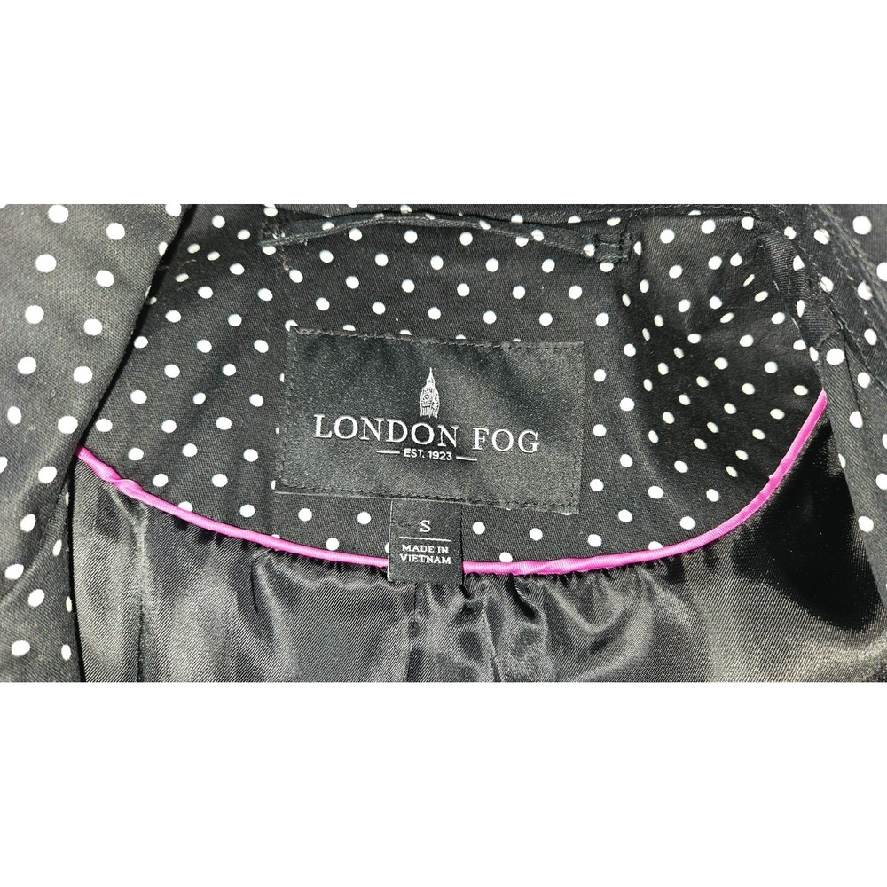 London Fog Black Trench Coat Polka Dot SMALL Mid-Length Jacket Button Front Belt - Picture 4 of 7